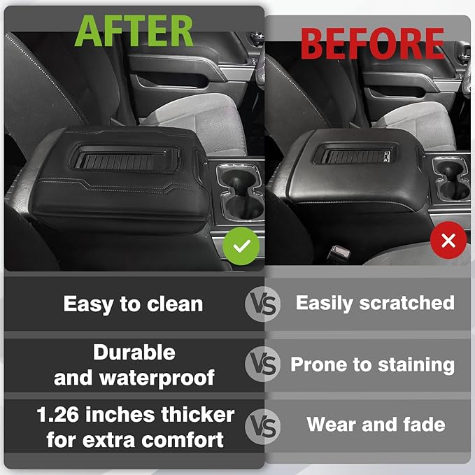 Muslogy Center Console Armrest Cover Compatible with Chevy Silverado & GMC Sierra 1500 2500 3500 2014-2018 Armrest Pad Arm Rest Cushion Vegan Leather Protector 1-Inch Extra Thick(Bucket Seat ONLY)