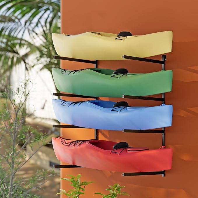 Wall Mounted Kayak Storage Rack, Kayak Racks for Outdoor Storage, Kayak Wall Mount 4 Tier Adjustable Surfboard Paddleboards Holder, Holds Up to 220 lbs