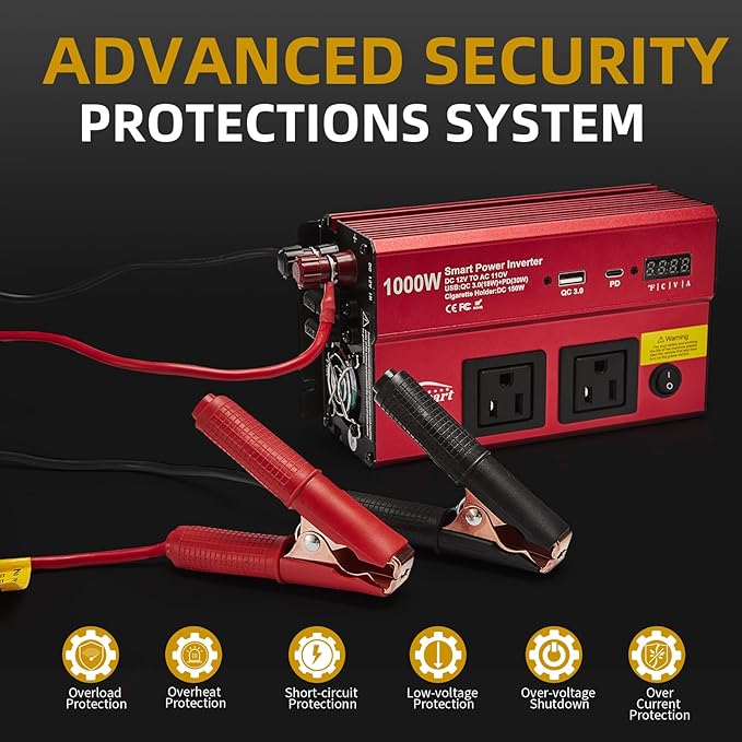 TWING Car 1000w Inverter,12v DC to 110v Power Inverters for Vehicles 1000 watt with Dual AC Outlets 3.0A USB and Type-C,12 Volt Inverter Car Cigarette Lighter Battery