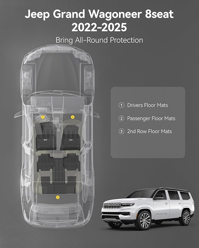 3W Floor Mats Fit for Jeep Grand Wagoneer/Grand Wagoneer L 2022 2023 2024 2025 8 seat (Not Fit for 7 seat), All Weather TPE Floor Liner for 1-3 Rows Full Set Car Mats Black