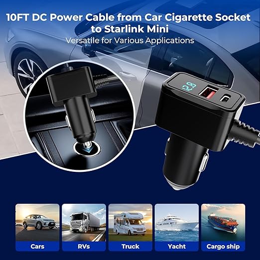 3 in 1 Starlink Mini Cable 10FT, Nolansend Starlink Mini Car Charger DC Power Cable+Cigarette Lighter Adapter 12V-48V with Digital Display, Durable USB C PD 36W/USB A 18W Ports for Trucks and Cars