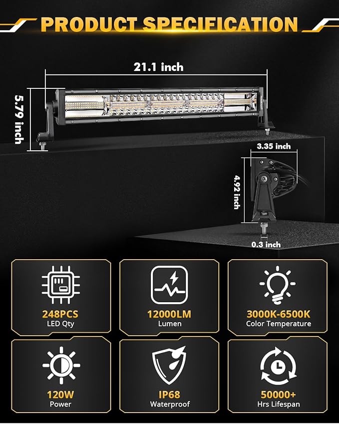 Auxbeam 22 Inch LED Light Bar, 120W 6 Modes Amber White Strobe Fog Lights, Yellow Spot Flood Memory Reset Function Offroad Driving Work Ditch Light for Truck Car ATV