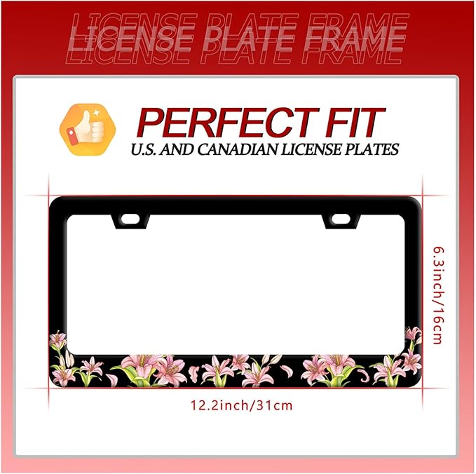 Pink Lily License Plate Frame Beautiful Floral Flower License Plate Stainless Steel Funny License Plate Decorative with Screws Size 12.3" x 6.3" Men Women