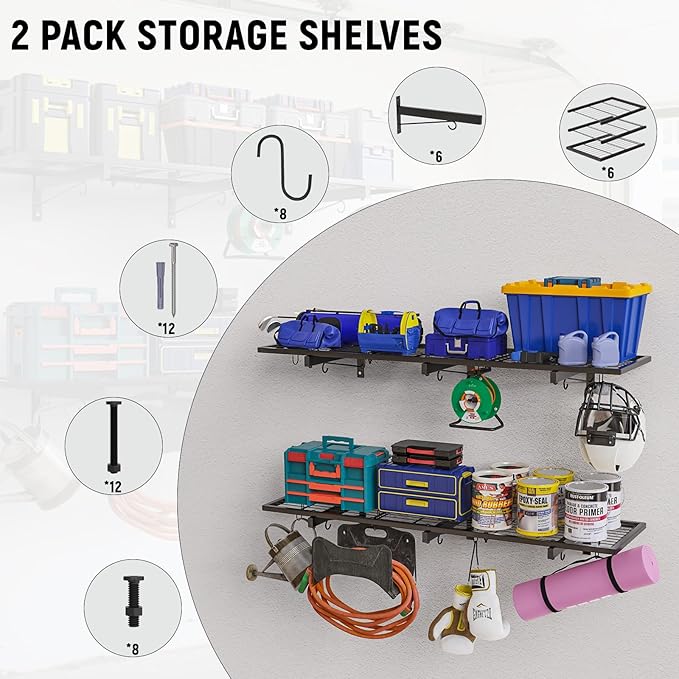 2 Pack Garage Wall Shelves, 46"X 12.5" Garage Shelving Wall Mounted, Heavy Duty Wall Shelf Organizer with 8 Hooks, Black Floating Storage Metal Rack 320 LBS Capacity for Laundry Room, Office, Basement