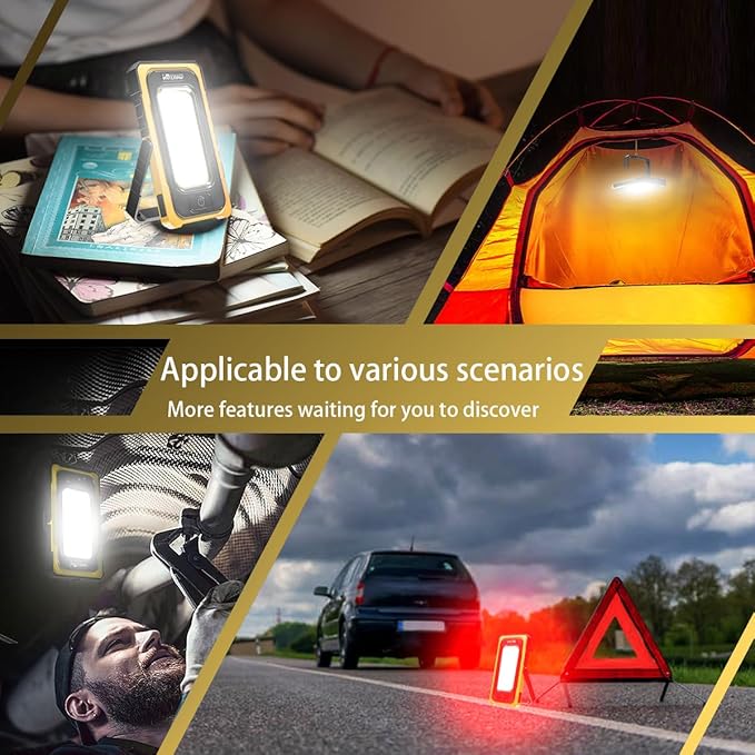 WARSUN Portable Rechargeable Magnetic Work Light, LED Flood Light Waterproof for Outdoor Camping Hiking Emergency Car Repairing (USB + Solar Charging, Yellow)