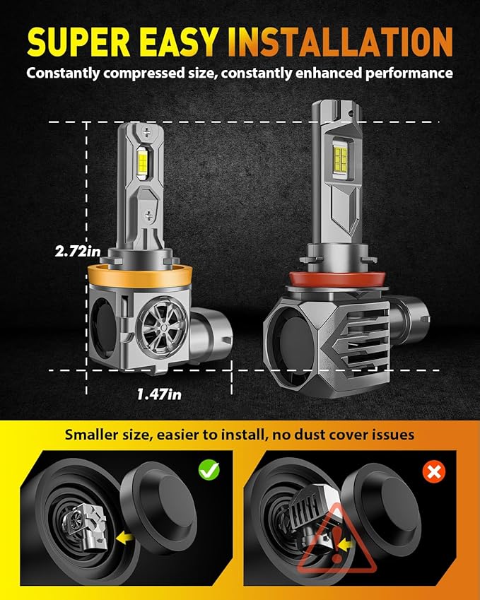 Upgraded H11/H9 Light Bulbs, 60000LM 1000% Super Brightness, 70000+ Hours Service Life, 1:1 Halogen Mini Size H11/H8/H16 Fog Light Bulb, 6500K White, Plug and Play, Canbus Ready, Pack of 2