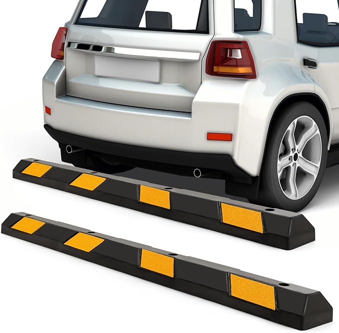 Goplus Parking Block, 72' Rubber Bumpers with 8 High Reflective Yellow Safety Stripes, Heavy Duty Parking Target, Garage Wheel Stoppers for Car, Truck, RV and Trailer (2 Pack)