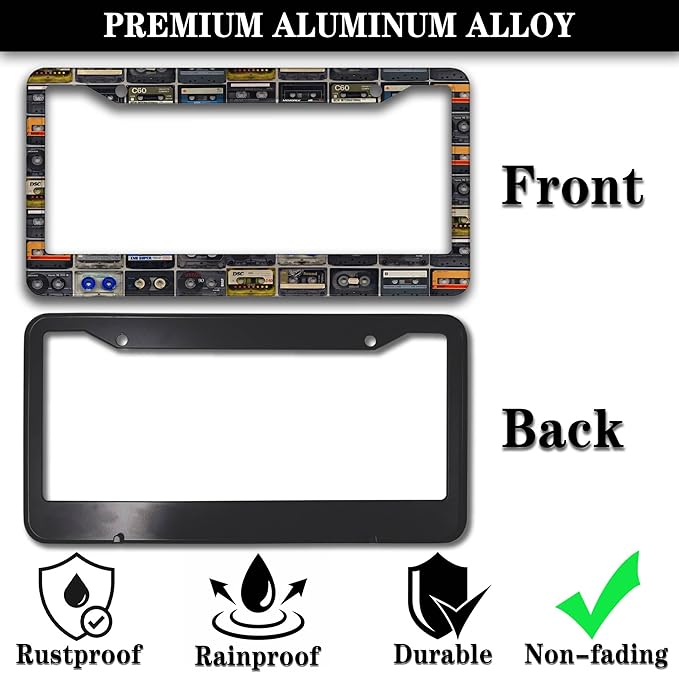 License Plate Protector Multicolor License Plate Frames Vintage Cassette Music Tape Aluminum Metal Car Accessory 2 Pack with Screw Covers Set