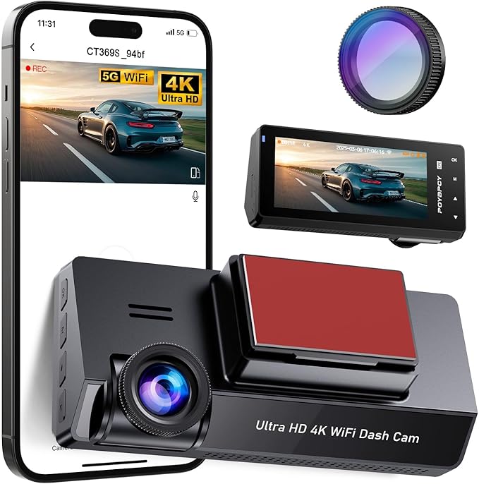 Dash Cam Front 4K Built-in 5GHz WiFi with CPL, Dash Camera for Cars with 64GB SD Card, App Control, 3.69" IPS Screen Dashcam with UHD 2160P, Night Vision, Loop Recording, Parking Mode, 170°Wide Angle