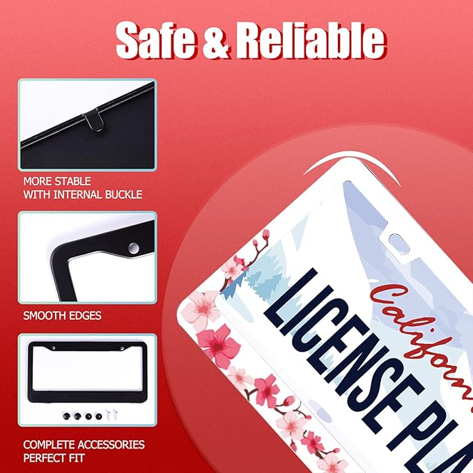 Personalise Beautiful Cherry Blossom License Plate Frame Floral Flowers License Plate Car Universal Stainless Steel Accessories Cars Decor 2 Holes Screws Fits Standard US Vehicles Size 12.2 x 6 Inch