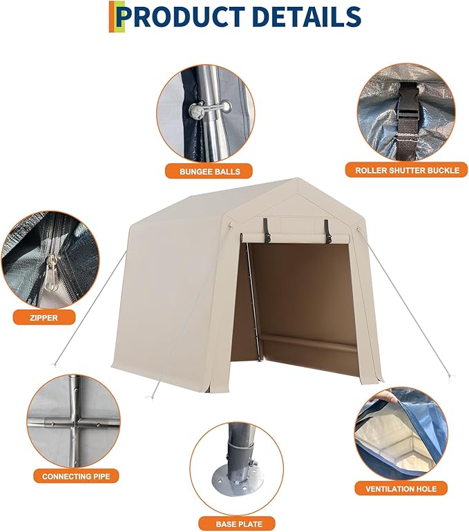 6x8 Ft Carport Heavy Duty Tent with Roll-Up Windows, Portable Garage with Removable Sidewalls & Doors, Car Canopy All-Season Tarp for Car Boat Truck Motorcycle, Khaki