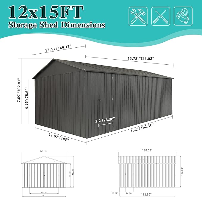 Domi 12x15FT Outdoor Metal Garage Shed, Extra Large Carport with Skylights & Dual-Entry, Backyard Storage Shed for Car, Truck, Lawn Mower and Tool, Dark Grey