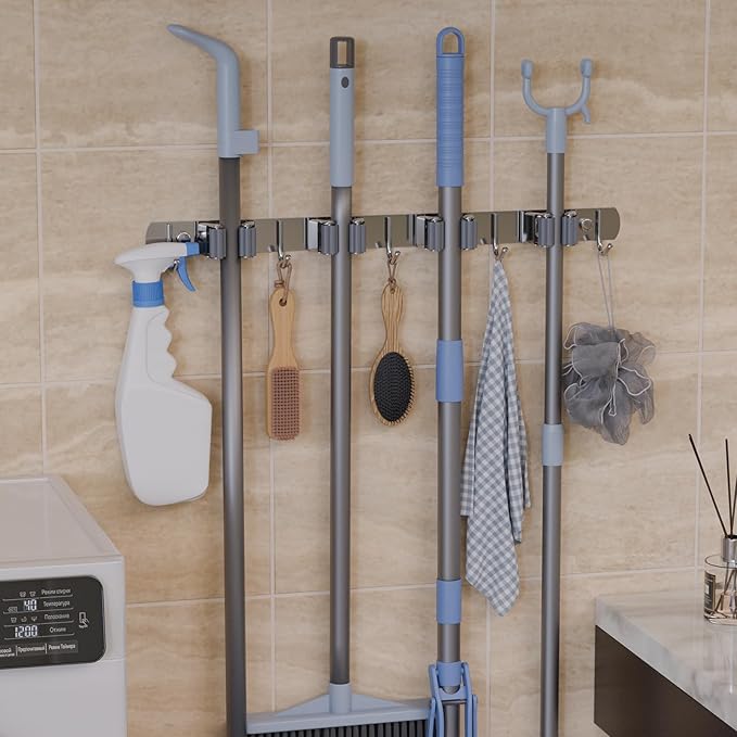 Wall Mounted Broom and Mop Organizer, Heavy Duty Stainless Steel Storage Rack for Brooms, Mops, Tools Space Saving Home Garage Organization (4 Racks with 5 Hooks)
