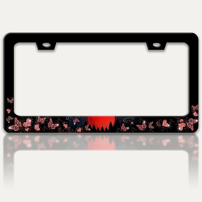 Red Moon Butterfly License Plate Frame Night Forest License Plate Holders Funny Stainless Steel Auto Accessory Bracket 2 Hole with Screws Universal Us Car License Plate Frames 6x12 Inch for Women Men
