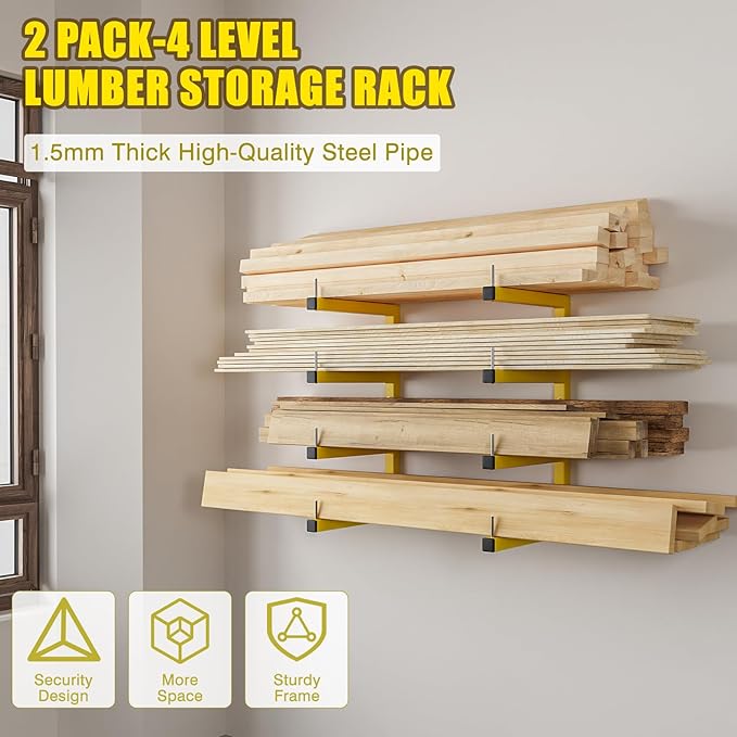 2-Pack Lumber Storage Rack, Wood Storage Racks Wall Mount, Heavy Duty Garage Wood Organizer with 4-Level System, Yellow Utility Rack Organization Up 800 Lbs, Metal Lumber Shelf for Indoor and Outdoor
