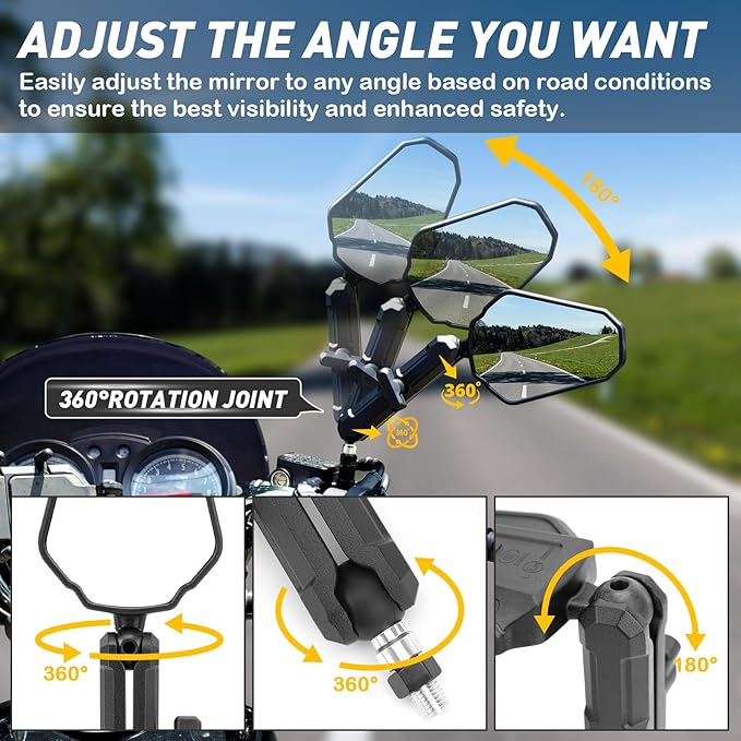 Motorcycle Mirrors, ATV Rear View Mirror With Adjustable Ram mount, No Vibration & Wobble, Dirt Bike Mirrors for handlebars Compatible with Scooter Ebike Moped, 2 Pack