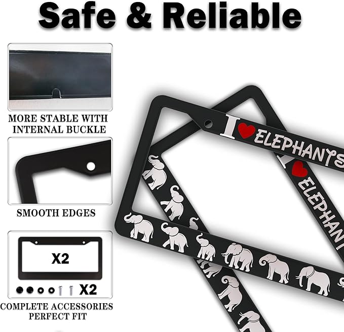 License Plate Frames Black and White Fun License Plate Frame Cover I Love Elephants Universal Aluminum Car Accessory 2 Pack with Screw Covers Set