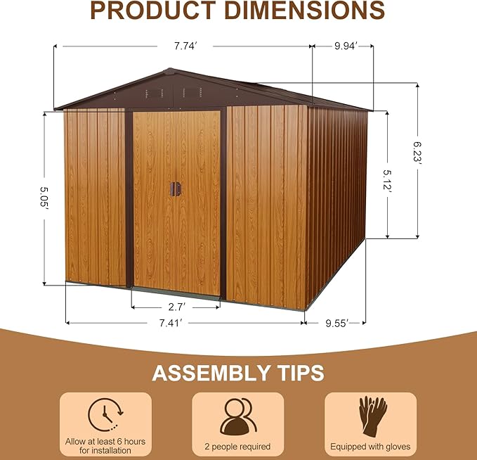 8x10 FT Outdoor Storage Shed, Metal Garden Shed with Frame Floor, Outside Tool Shed with Lockable Sliding Doors, Waterproof Storage Building with Sloped Roof for Backyard, Patio, Lawn, Coffee