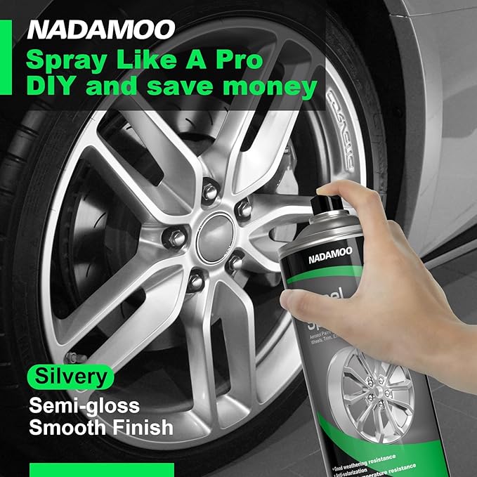 NADAMOO Aluminum Wheel Spray Paint, Semi-gloss Aerosol Car Rim Paint for Recolor and Protection of Metal Surface, Silver, 4 Cans, 13 Oz Per Can