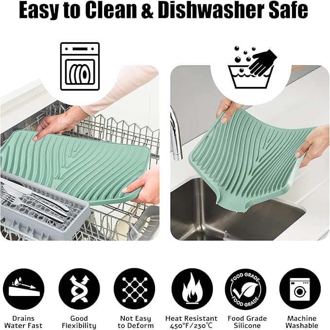 Silicone Dish Drying Mat, Stone Drying Mat for Kitchen Counter with Built-In Drain, Non-Slip Drain Pad with Built-in Drain, Heat Resistant Stone Drying Mat, 1Pcs 19.7" x 17", Mint