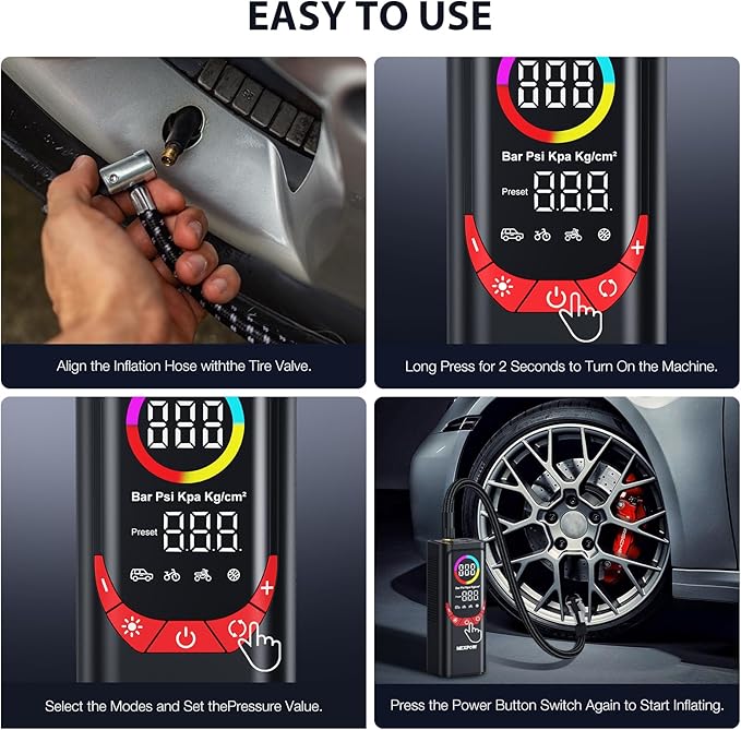NEXPOW NP17 Portable Air Compressor, 150 PSI Digital Tire Inflator, Fast Inflation with Auto Shut-Off, LED Light, Multiple Nozzles for Car, Bike, and Ball, Compact Design, Red