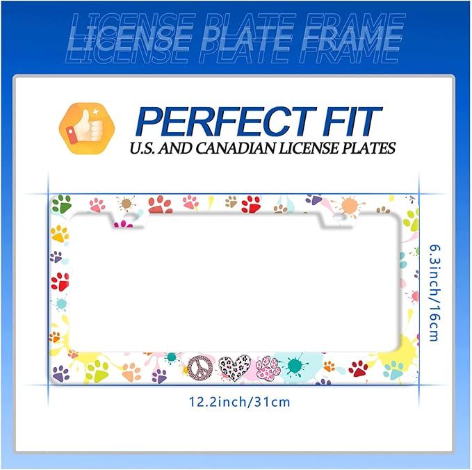 Dog Cat Paw License Plate Frame Colorful Paws License Plate Stainless Steel Funny License Plate Holder for Men Women Universal Animals Car Accessories Decoration 12.3" x 6.3"