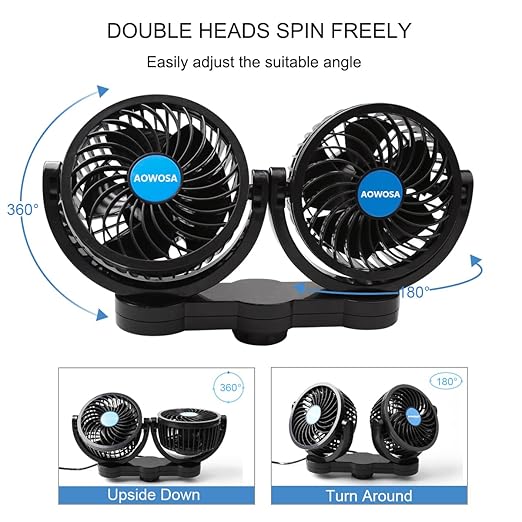 Car Fan for Backseat Auto 12V Electric Cooling Fan Portable Car Seat Headrest for Sedan SUV RV Boat, with 360° Rotatable Dual Head, Stepless Speed Regulation, Cigarette Lighter Plug