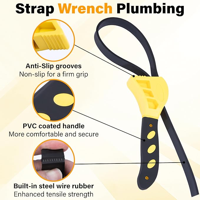 2 PCS Strap Wrench Plumbing, Rubber Strap Wrench, 24 Inch & 19.7 Inch Oil Filters Strap Wrenches, Water Filter Wrenches, Adjustable Rubber Jar Opener for Water Filters, Plumbing,Sink, Faucet (Yellow)