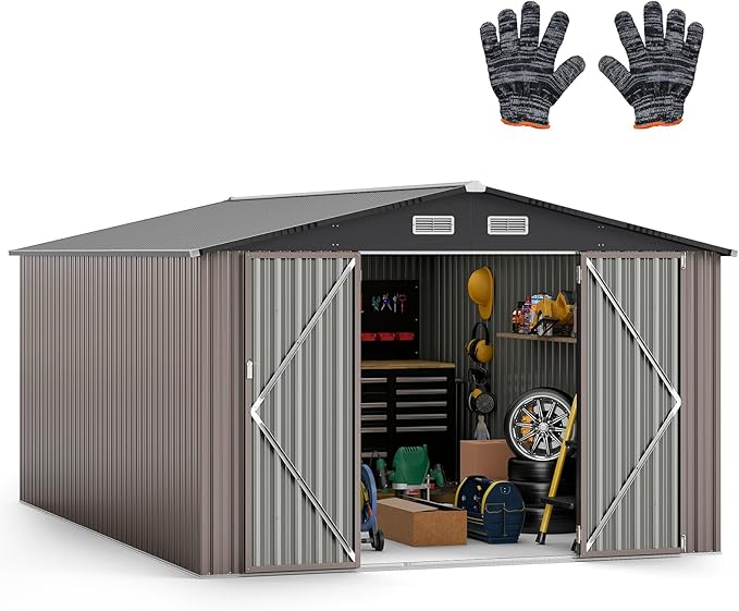 Goplus 10 x 14 FT Outdoor Storage Shed, Large Garden Tool House w/Improved Windproof Metal Structure, 4 Vents, Lockable Door, Waterproof Utility Tool Organizer for Backyard, Lawn, Patio