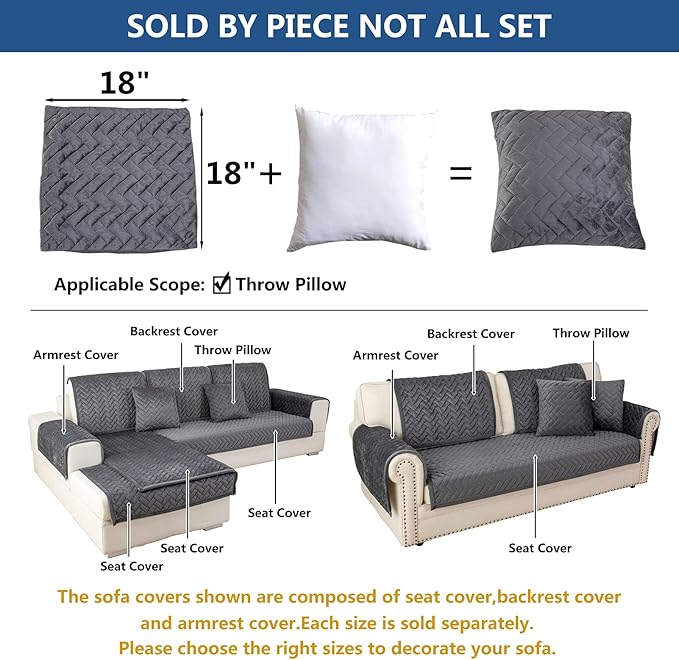 Eismodra Throw Pillows,Couch Cover,Sofa Cover,Sectional Couch Covers for 3 Cushion Couch,Sofa Slipcovers for Dogs Cats Pet Loveseat Recliner Leather L Shaped,Dark Gray 18 x 18 Inches (Only 1 Piece)