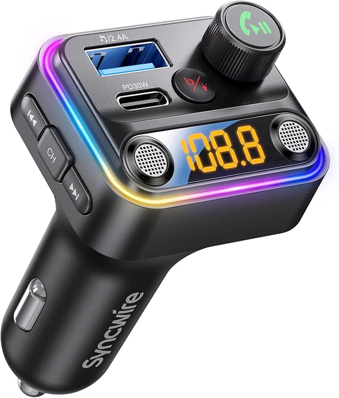 Syncwire Bluetooth 5.4 FM Transmitter Car Adapter 42W [Light Switch] [Stronger Dual-mic] [HiFi Bass Sound] [Fast Charging] Wireless FM Radio Stereo Music Adapter Hands-Free Calling Support USB Drive