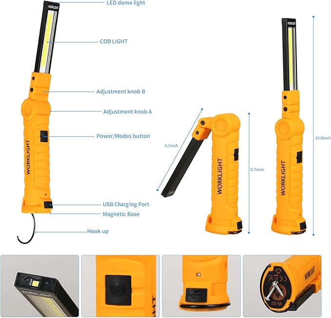 LED Worklight Flashlight, Suranew COB Rechargeable Work Lights with Magnetic Base 360 Degree Rotate and 5 Modes Portable Flood Light Inspection Construction Light for Car Repair (Yellow, 2 Pack)