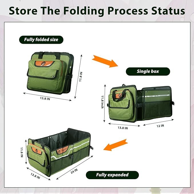 Foldable Waterproof Car Organizer with Non-Slip Traction Rope, 23.2”x13.8”x11.8” Heavy-Duty Trunk Organizer for SUV, Car Essentials List, Portable Vehicle Organizer,GREEN-M003