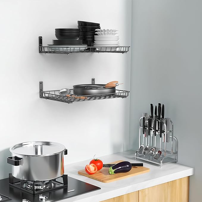 WALMANN Garage 12x18 inch Wall Shelf, Wall-Mounted Storage Shelves for Garage, Closet, Laundry Room, Heavy Duty Wall Shelving, Holds Up to 60 lbs(Pack of 2, Black)