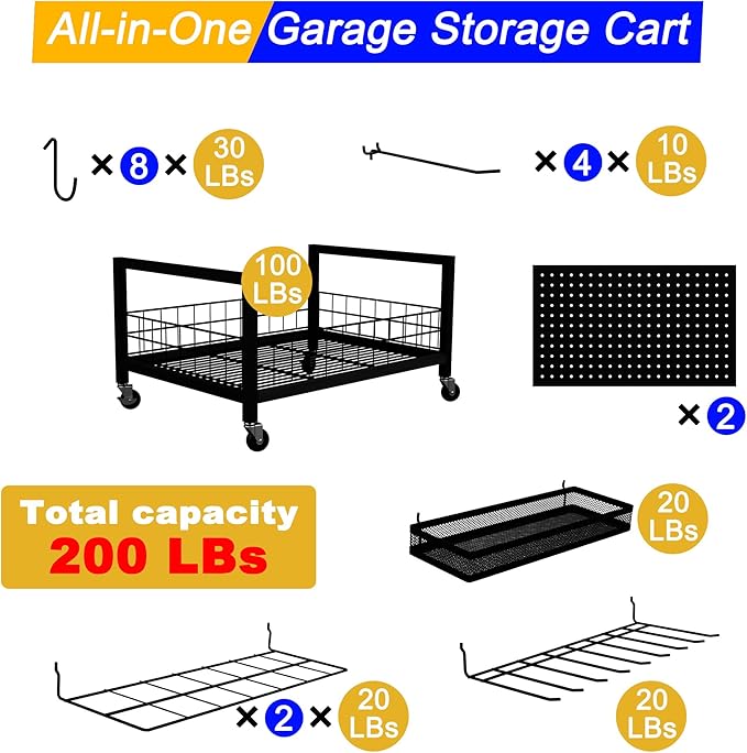 All-in-One Garage Storage Cart with Locking Wheels – Heavy-Duty Tool Organizer with Rack, Pegboard & Hooks & Accessories – Ideal for Garage, Garden, Yard – Utility Cart with Versatile Storage