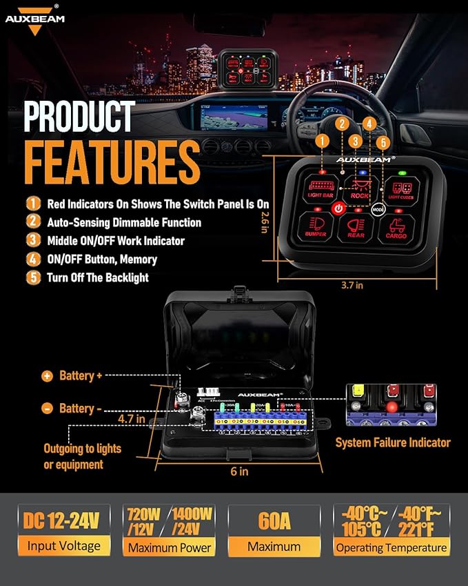 Auxbeam 6 Gang Switch Panel RA60 Toggle Momentary Pulsed RGB Dimmable Switch Panel Multifunction Switch Panel Built in Solid State Relay Marine Control Panel Waterproof for Car Boat, 2 Years Warranty