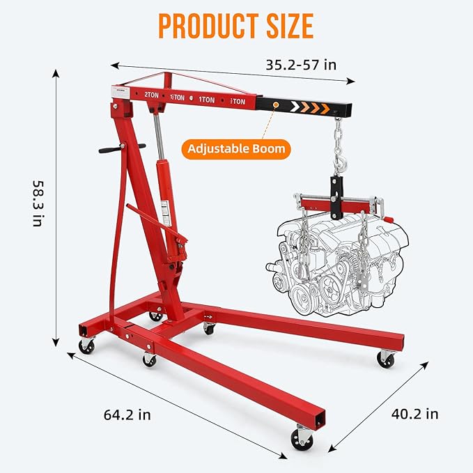 2 Ton Folding Engine Hoist with Lever, Cherry Picker Shop Crane Hoist Lift, 4400 Lbs Heavy Duty Steel Hydraulic Shop Engine Crane for Workshop and Garage, Red