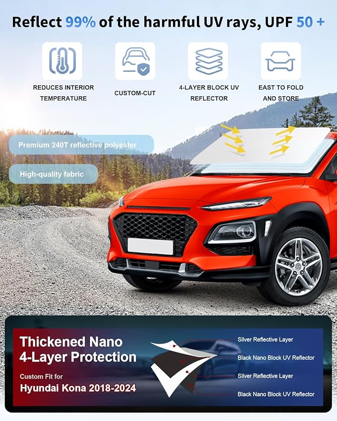 Sunshade Custom Fit 2018-2024 2025 Hyundai Kona Windshield Sun Shade, Front Window Shield Sun Visor Protector for Kona Accessories Windshield Cover Block UV Rays