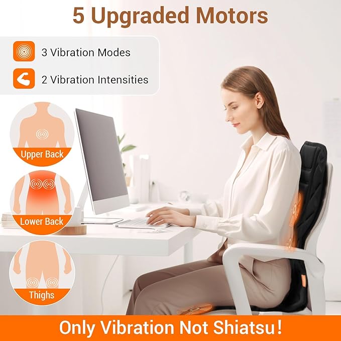 Back Massager with Heat,Heated Seat Cover Cushion with 5 Vibrating Massage Nodes & 2 Heat Levels Massage Chair Pad for Pain Relief Home Office Use