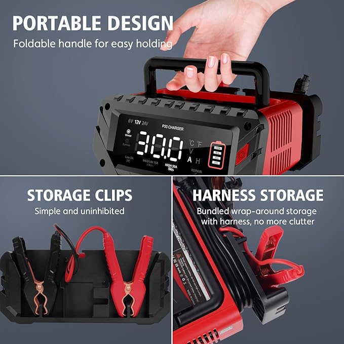 30-Amp Car Battery Charger, 6V/12V/24V Smart Automatic Automotive Charger, Battery Maintainer, Trickle Charger for Car, Motorcycle, Boat, Lead-Acid, Lithium, LiFePo4 Battery