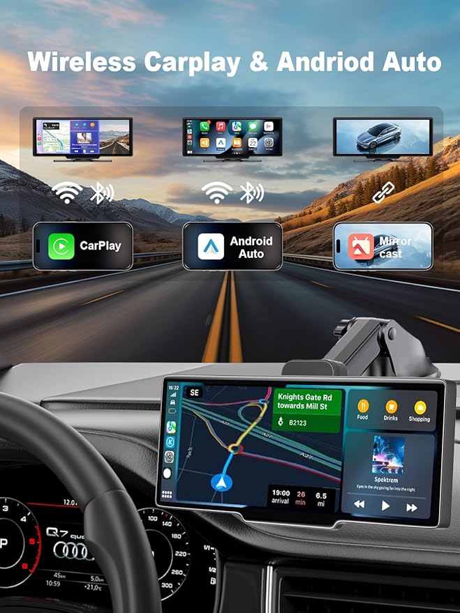 Apple Carplay Screen for Car, 10.26’’ Wireless CarPlay & Android Auto Screen with 4K Dash Cam, 1080P Backup Camera, Car Play Audio Receivers, GPS Navigation/Mirror Link/Bluetooth/FM/Voice Control