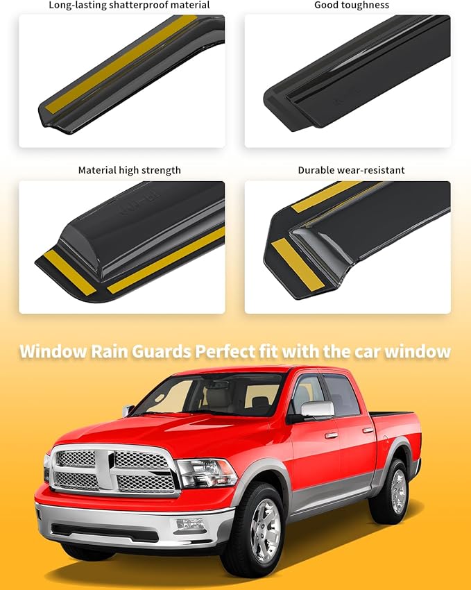 in-Channel Window Rain Guards Fit for Truck Dodge Ram 1500 Crew Cab 2009-2018/Ram 2500&3500 2010-2025 Crew Cab Extra Durable Window Deflectors Window Visors Vent Visors Vent Shades Accessories