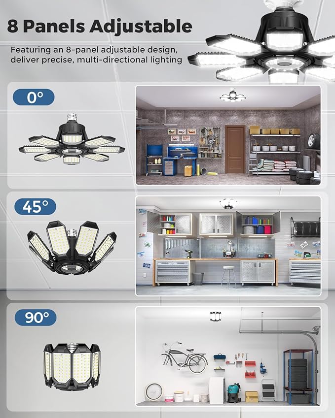 Adiding LED Garage Ceiling Lights 2 Pack w/ 8+1 Adjustable Panel, Super Bright 28000LM Deformable Basement Light Bulb Fixture Screw in E26 Socket Base for Indoor Workshop Attic Gym Bay Laundry Utility