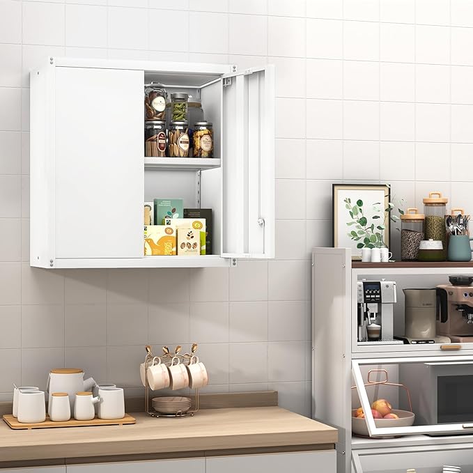 GREATMEET Metal Wall Cabinet, Wall Mounted Cabinet with Doors and Adjustable Shelf, Metal Storage Cabinet with Lock, Wall Cabinet for Garage, Pantry, Utility Room, White