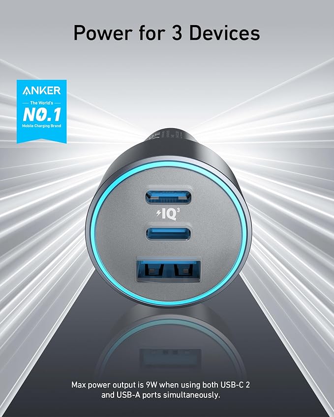 Anker USB-C Car Charger, iPhone 16 Car Charger, 67W 3-Port Compact Fast Charger, 535 Car Adapter with PIQ 3.0 for iPhone 16/15, Galaxy S23, MacBook, iPad Air, and More (USB-C to C Cable Included)