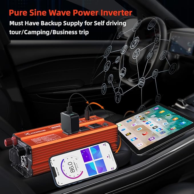 1000W Pure Sine Wave Inverter, Car Power Inverter, 12V DC to 110V AC Power Converter, Emergency Power Inverter with Type-C, Dual 5.2V/2.4A USB, 3AC Outlets for Home,Camping, RV, Truck, Vehicles