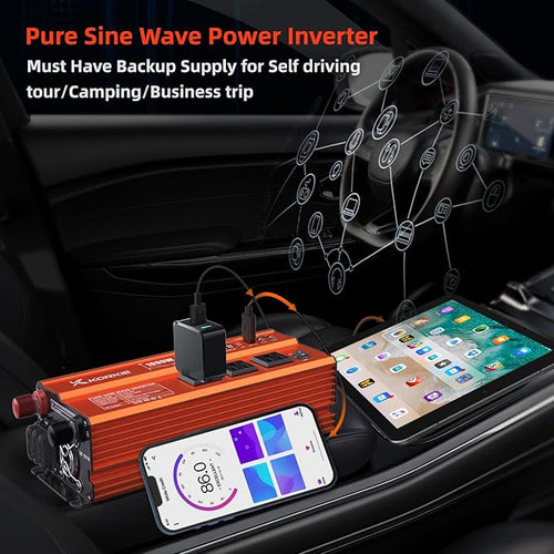 1000W Pure Sine Wave Inverter, Car Power Inverter, 12V DC to 110V AC Power Converter, Emergency Power Inverter with Type-C, Dual 5.2V/2.4A USB, 3AC Outlets for Home,Camping, RV, Truck, Vehicles