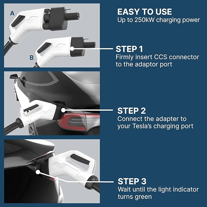 LENZ CCS1 to Tesla EV Charging Adapter – for 2021+ Tesla Models ONLY (Not for Cybertruck) – Connect to Public DC Level 3 Fast Chargers Up to 250 kW