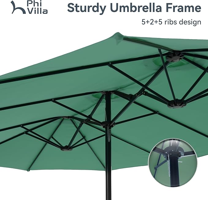 PHI VILLA 15ft Large Patio Umbrellas with Base, Outdoor Double-Sided Rectangle Market Umbrella for Pool Lawn Garden, Mint Green