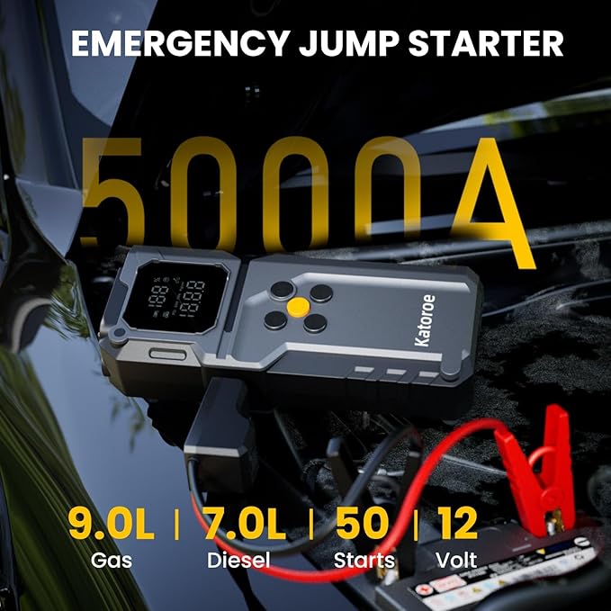 Jump Starter with Air Compressor, 5000A Jump Starter Battery Pack with 150PSI Tire Inflator, Portable Air Compressor, 12V Jump Starter for 9.0L Gas 7.0L Diesel Engines, Jumper Cables, Flashlight